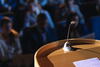Podium facing group of people